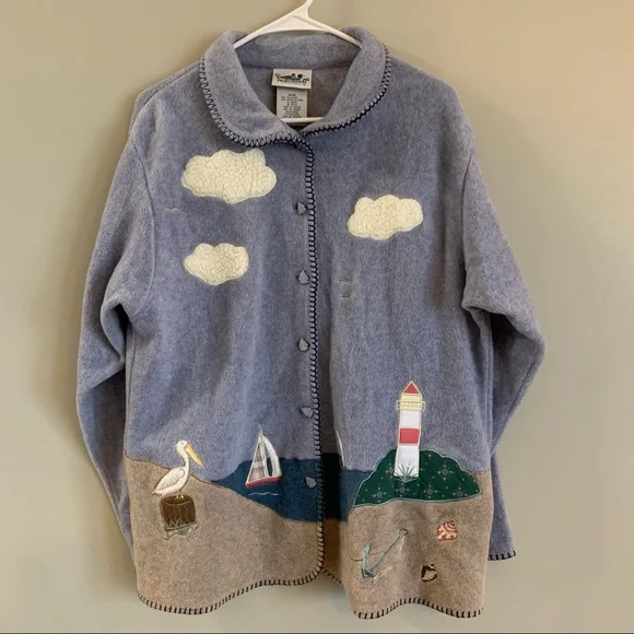 Vintage Fleece Top Shirt Shacket Medium Oversized Nautical Lighthouse Coastal - Picture 13 of 16